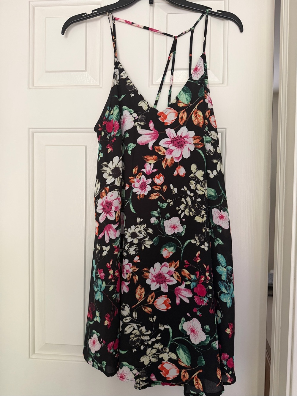 Lush Black Floral Mini Dress with Pink & Green Blooms